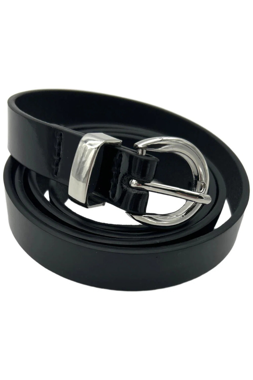 Susan Graver Women`s Faux Patent Leather Belt w Round Metal Buckle Blk